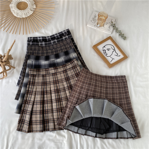 Korean style chic plaid high-waisted thickened nylon pleated skirt students' age-reducing slimming skirt for women