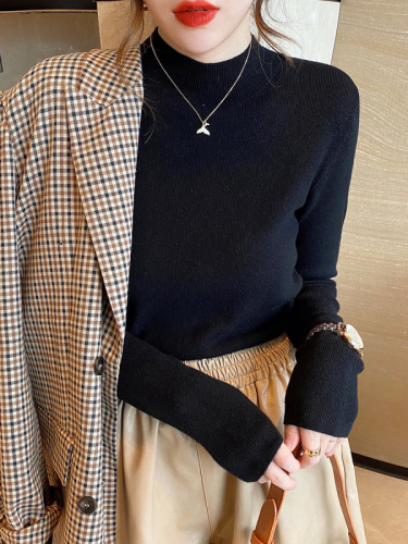 Women's knitted sweater half turtleneck bottoming shirt with autumn and winter style sweater new black early autumn top