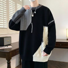 Plus velvet contrast color sweater for boys winter new trendy brand youth round neck knitted bottoming shirt