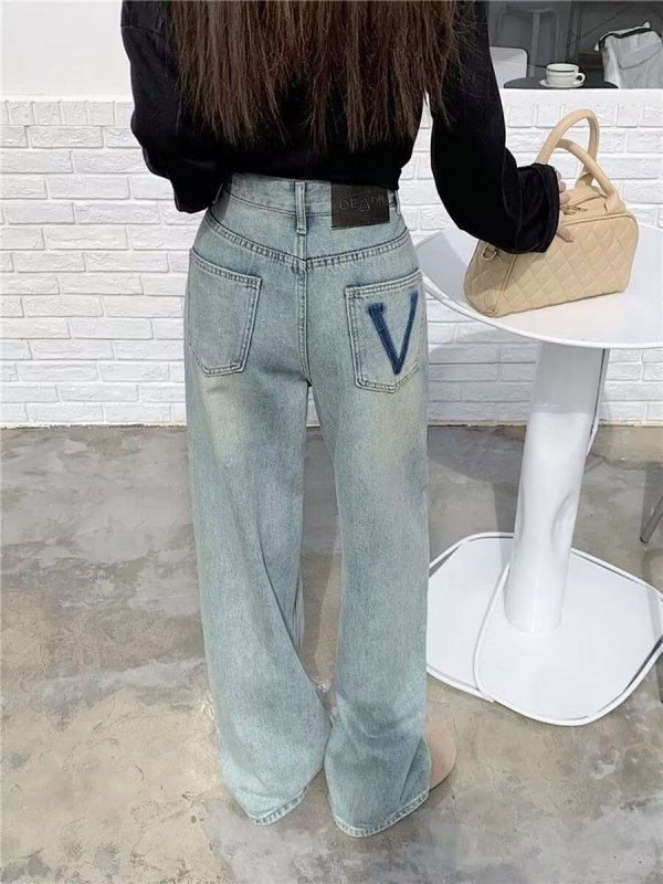Straight-leg bootcut jeans with diagonal pockets, trendy student handsome trousers