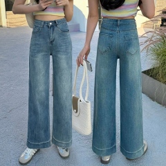 Light blue denim wide leg pants for women Korean style fashionable high waist elastic casual granny pants