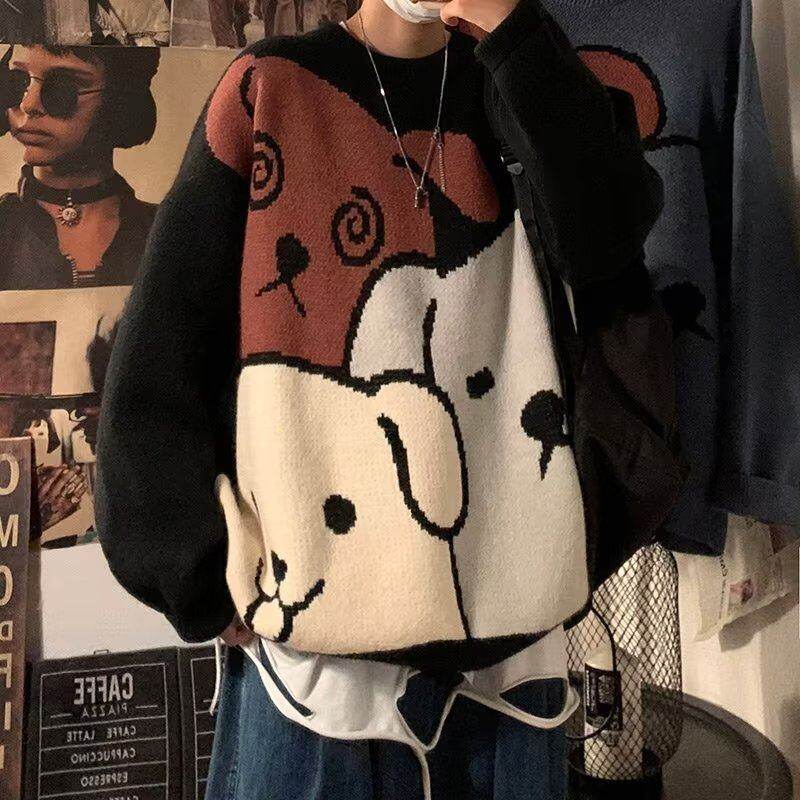 Hong Kong Style Autumn and Winter Men's Sweater Korean Style Student Loose Coat Couple Knitted Bottoming Shirt