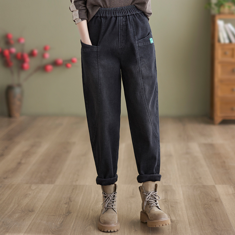 Women's new autumn and winter velvet thickened retro washed denim elastic waist harem pants small leg pants