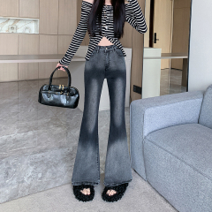 Gradient micro-flared jeans for women in autumn, high-waisted design, slim fit, horseshoe-length pants