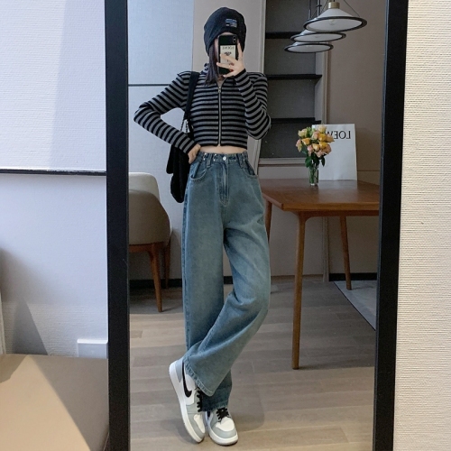 High-waisted jeans for women, straight-leg, loose, large size, fat mm, slimming, wide-leg design pants