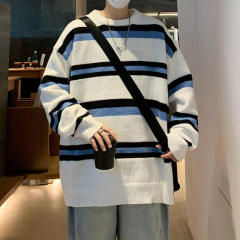 Autumn and winter new round neck sweater men's versatile simple trendy loose striped bottoming sweater