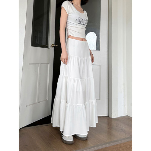 Gentle style white skirt women's new summer high waist slim design niche large swing umbrella skirt