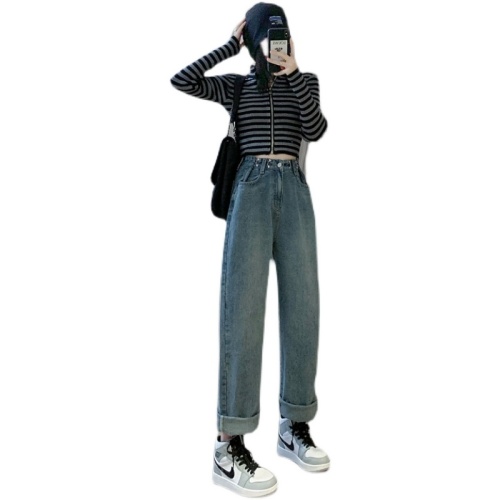 High-waisted jeans for women, straight-leg, loose, large size, fat mm, slimming, wide-leg design pants