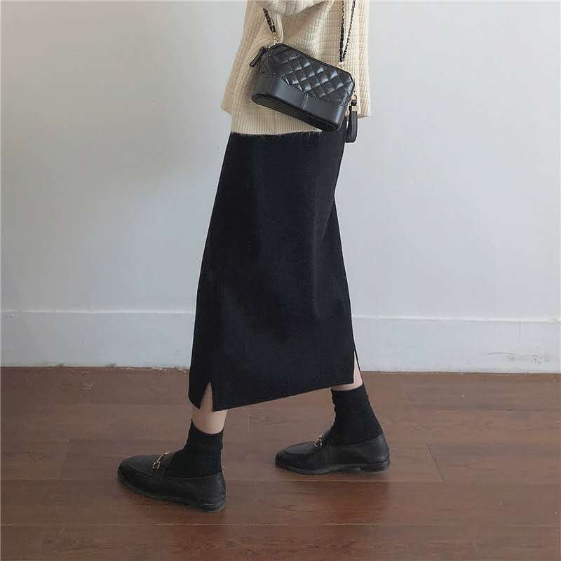 Woolen thickened A-line skirt for fat girls, women's large size high-waisted skirt, mid-length slit one-step skirt