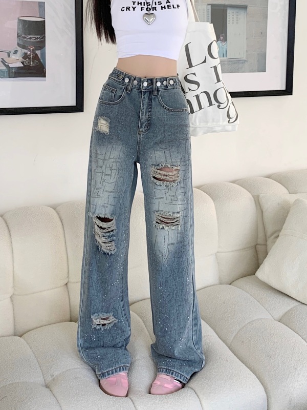 Starry holes, versatile, nostalgic, slim, straight, loose, high-waisted, wide-leg jeans