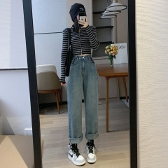 High-waisted jeans for women, straight-leg, loose, large size, fat mm, slimming, wide-leg design pants