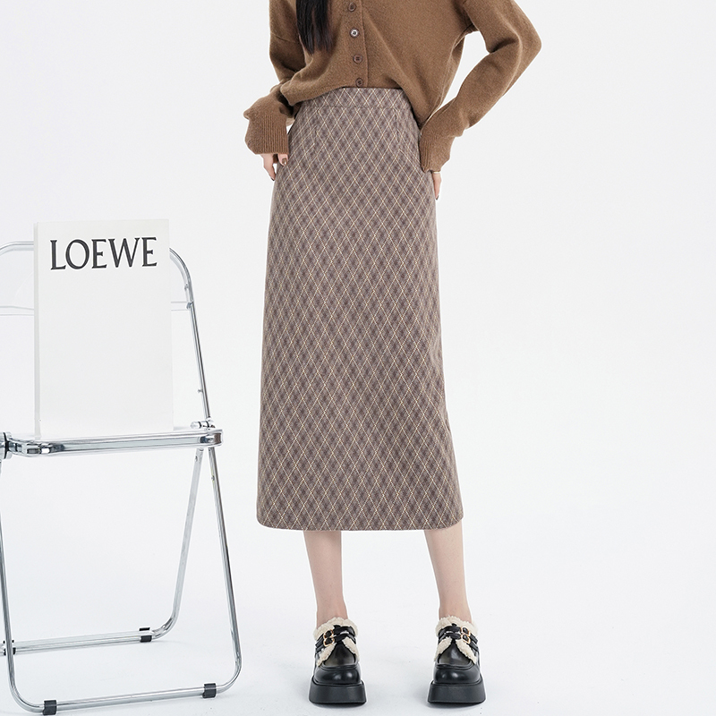 Real-stock autumn and winter knee-length skirt plaid woolen skirt mid-length woolen high waist hip skirt