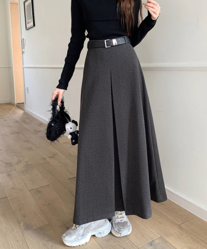 Free belt ~ Retro high-waisted woolen skirt with large skirt, winter lengthened version slimming mid-length skirt