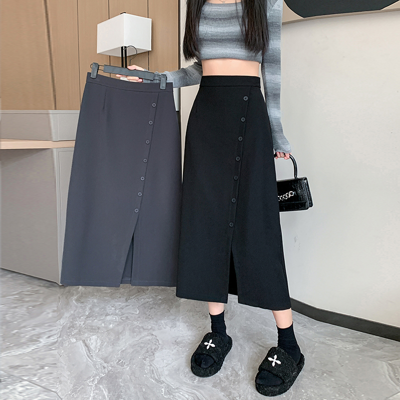 Autumn new style slit mid-length skirt for women, high waist, slimming, diagonal buckle design, hip-hugging skirt, A-line skirt