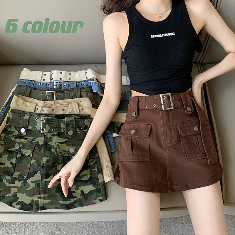 Hot girl denim half-length pants skirt for women, autumn design, belt, retro hip-covering, A-line shorts and skirt, trendy