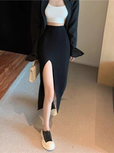 Hot girl sexy knitted skirt women's spring and autumn slim slit hip skirt high waist skirt slimming long skirt for small people