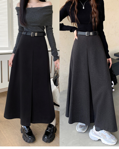 Free belt ~ Retro high-waisted woolen skirt with large skirt, winter lengthened version slimming mid-length skirt