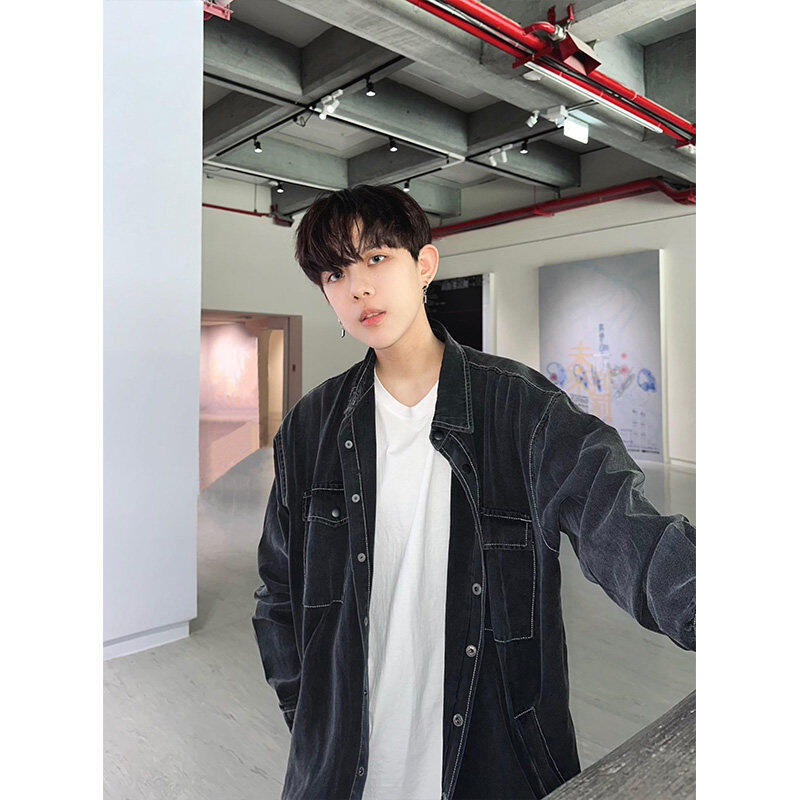 American retro multi-pocket denim shirt men's spring and autumn loose casual long-sleeved work shirt thin jacket