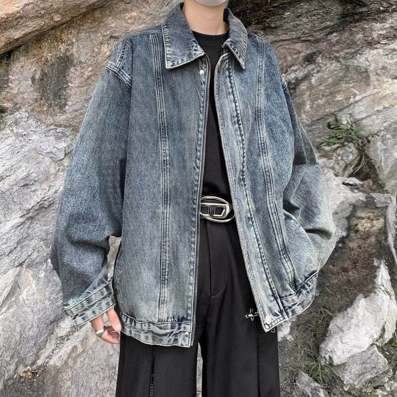 American high street blue denim jacket for men, spring and autumn Hong Kong style loose washed jacket for men
