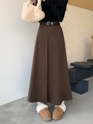 Free belt ~ Retro high-waisted woolen skirt with large skirt, winter lengthened version slimming mid-length skirt