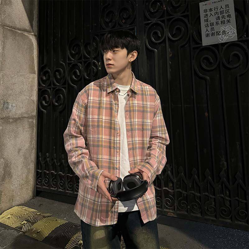Pink plaid sweet cool style loose couple ins long sleeve shirt tops for men