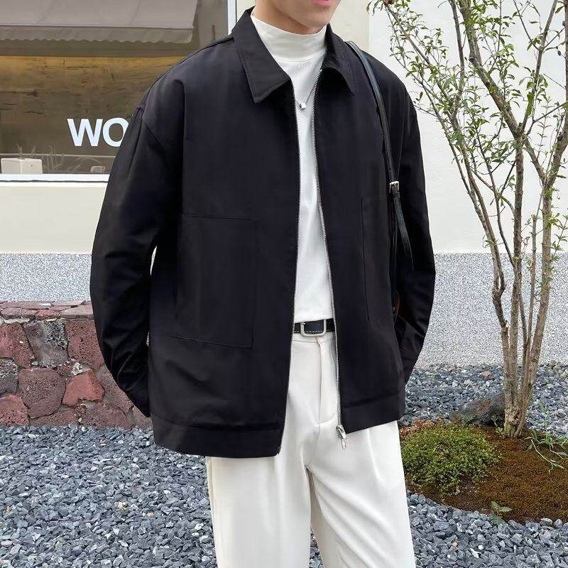Slightly wide lapel workwear short jacket for men plus velvet solid color long-sleeved casual thin jacket