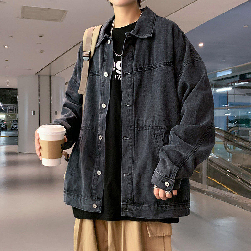 Trendy high street versatile simple solid color denim jacket Hong Kong style loose spring and autumn outer jacket