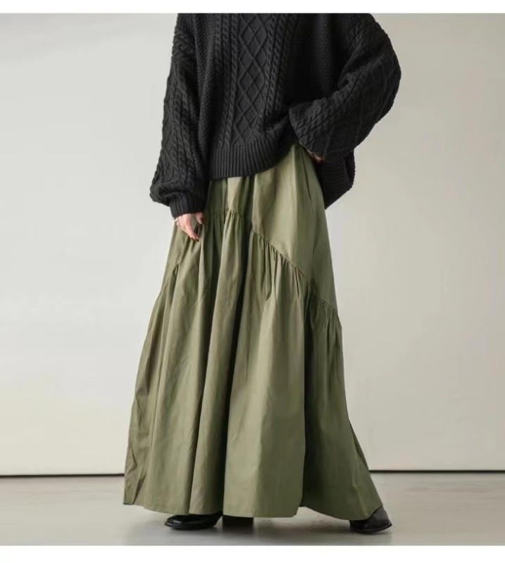 Japanese original quality casual and versatile retro wavy pleated high-waisted skirt solid color fishtail skirt large hem long skirt