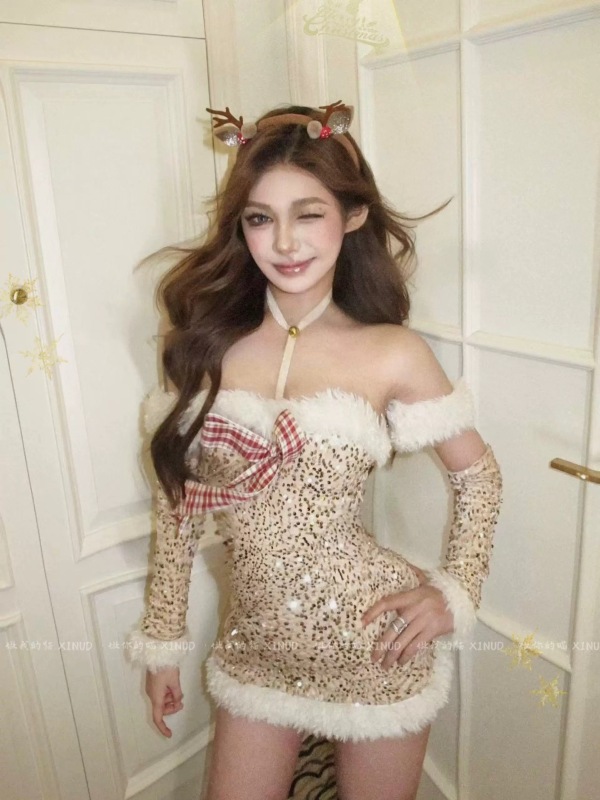 Snowy Night Messenger*Edelweiss Deer*Original glitter halter neck Christmas beauty deer gold dress