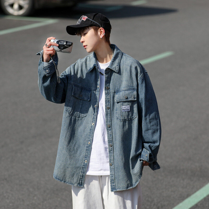 High Street Denim Shirt Men's Korean Style Trendy and Handsome Striped Loose Jacket 2024 Spring Ins Jacket