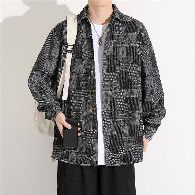 Plaid long-sleeved shirt men's Hong Kong style literary casual trend fashion versatile shirt men's tops