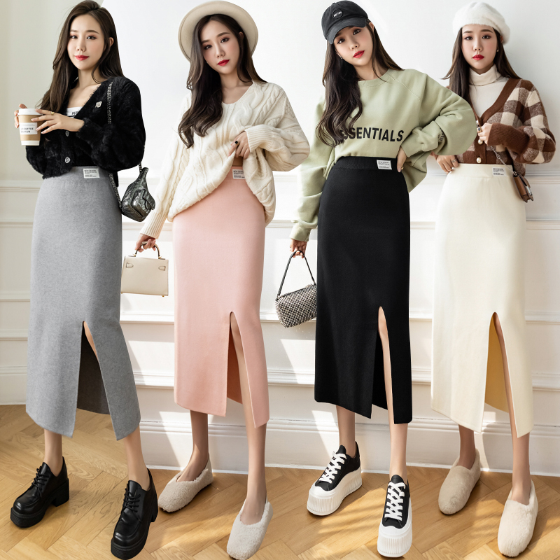 Candy color winter thickened knitted skirt women's mid-length slit one-step skirt core-spun yarn hip-hugging skirt