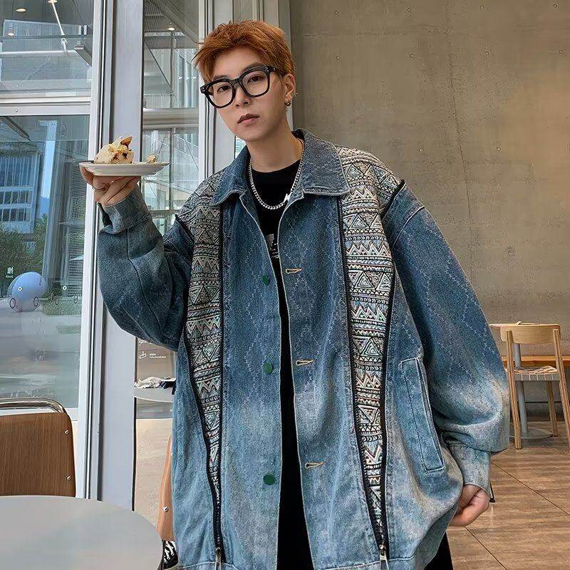 High street fashion brand ethnic style spliced ​​denim jacket men's trendy high-end ins casual loose student handsome jacket