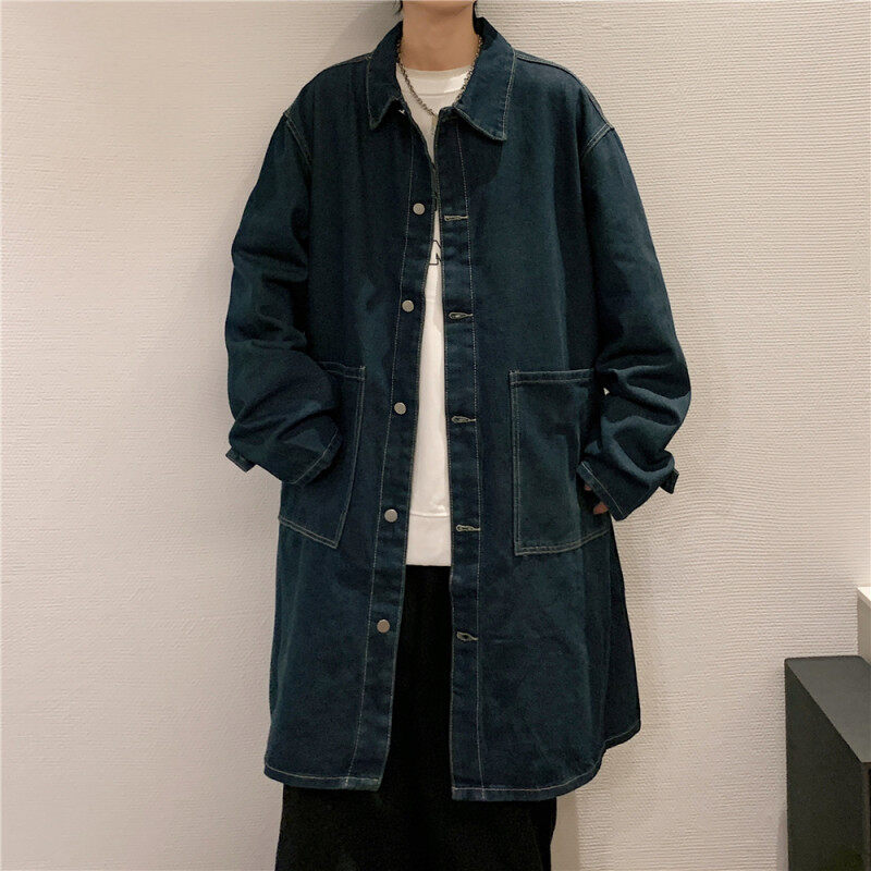 Denim men's long windbreaker large size loose over the knee coat
