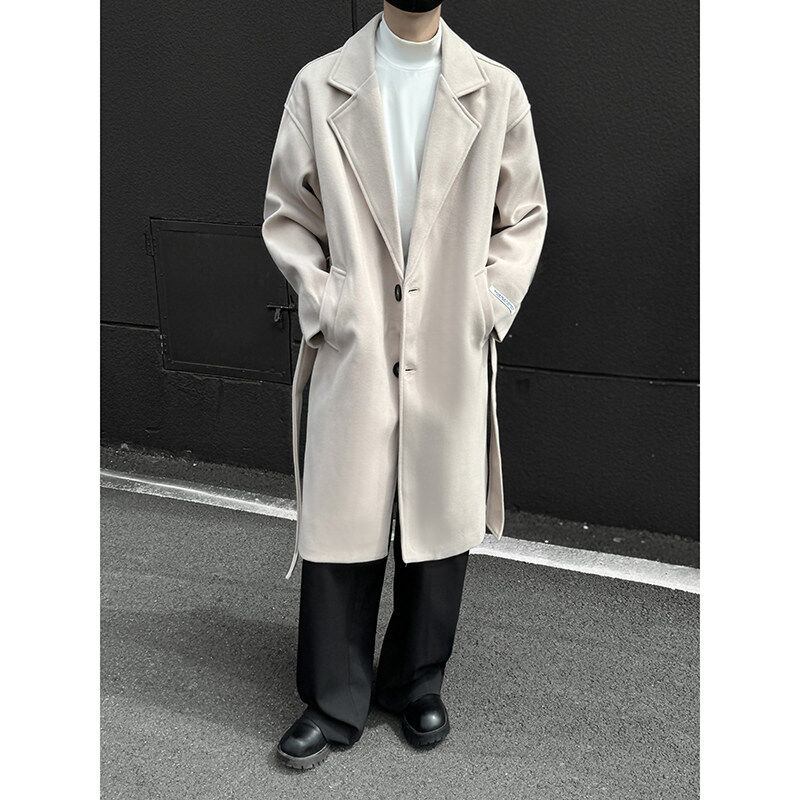 Men's medium-length woolen coat, over the knee, winter thickened British fashion brand handsome loose woolen windbreaker jacket