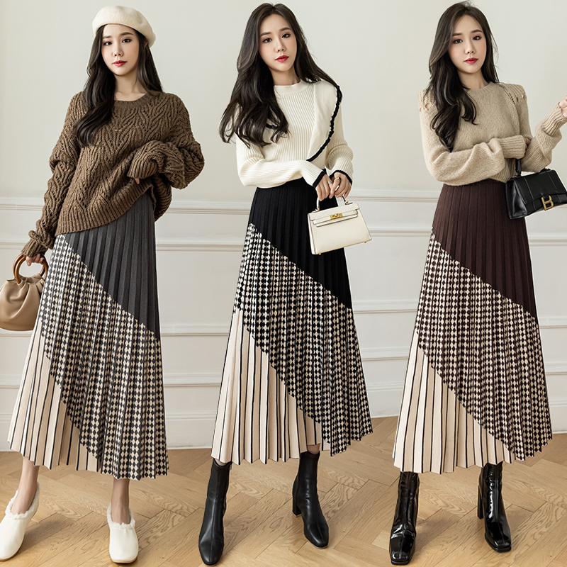 Autumn and winter knitted skirt for women, high waist slimming pleated skirt, large hem A-line skirt, mid-length bottoming winter skirt