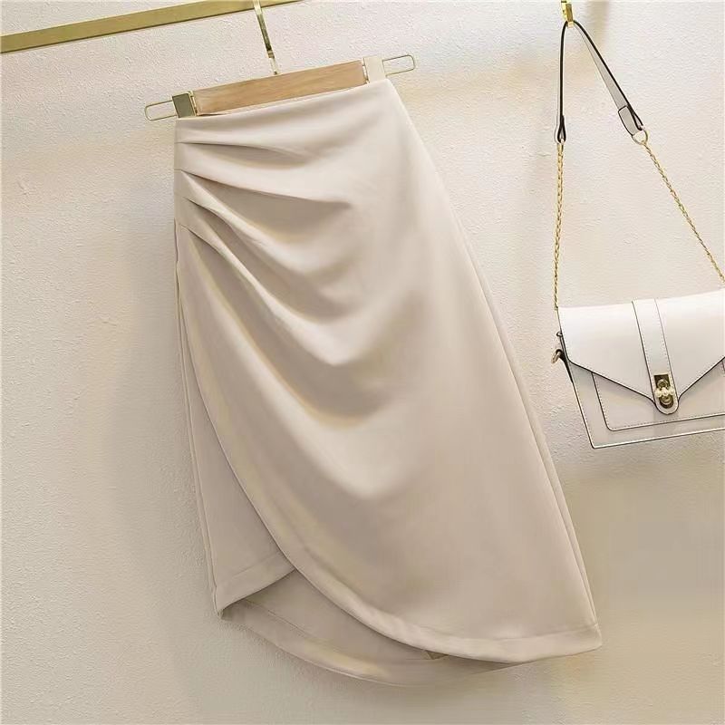 Irregular pleated skirt for women spring and summer new high-waist slim hip skirt fashionable mid-length one-step skirt