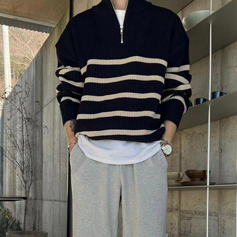 Spring and Autumn style lazy style off-shoulder striped contrast sweater men's casual outer wear half turtleneck sweater