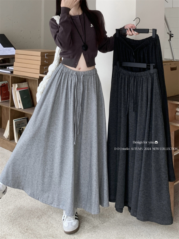 Autumn and winter new drawstring glutinous rice skirt women's elastic waist versatile casual mid-length skirt