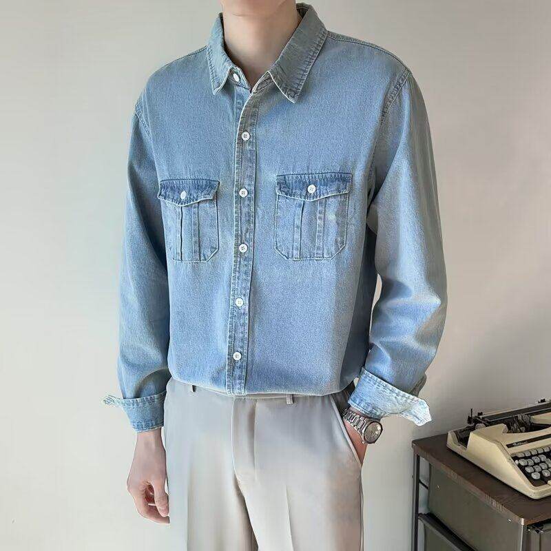 Denim shirt men's trendy Hong Kong style ins retro fashion jacket Korean style casual handsome simple long-sleeved versatile