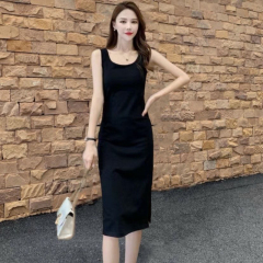 Black suspender dress women's new bottoming vest dress summer slimming long skirt with slit little black skirt