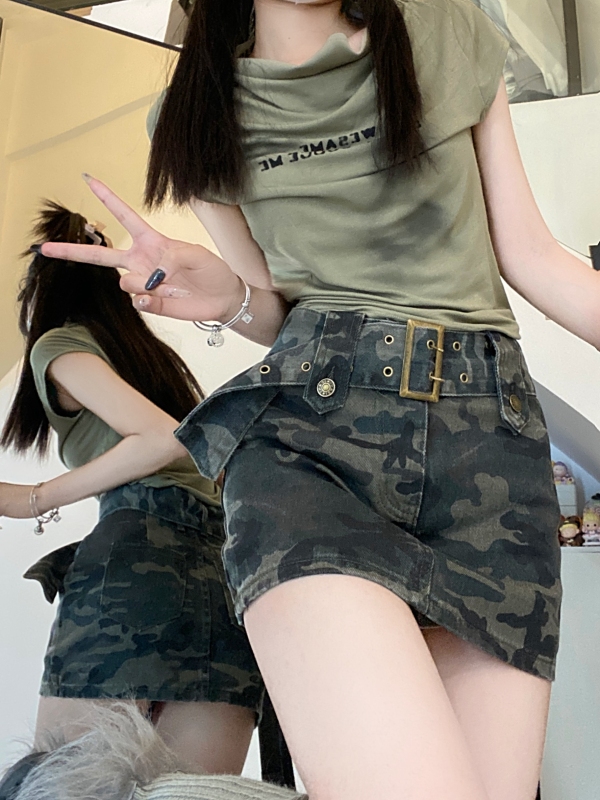 American simple casual camouflage hip skirt for women retro workwear high waist a line hot girl skirt