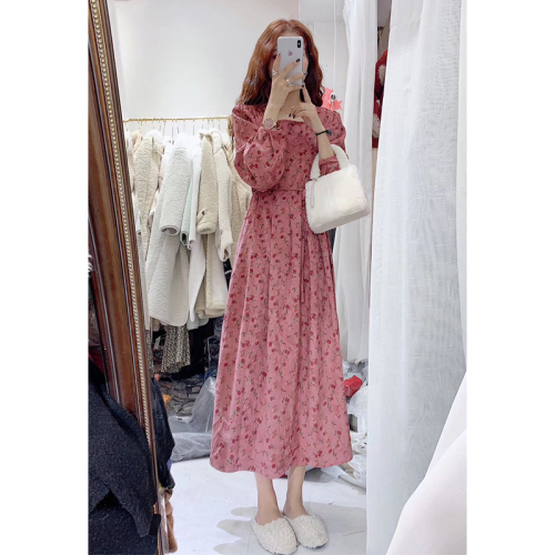 New corduroy floral sweet crotch-covering long skirt autumn slimming high-waisted fairy rose dress for women