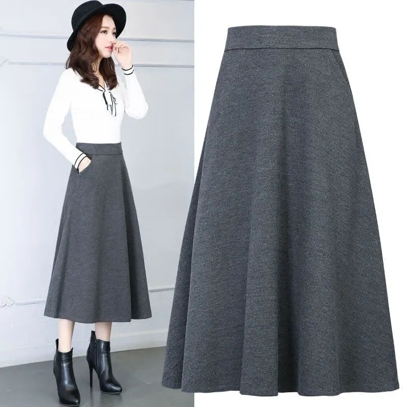 Winter woolen skirt with pockets, new mid-length skirt, square dance skirt, pocket A-line skirt