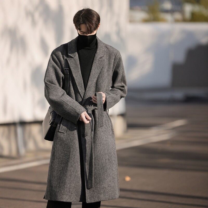 Winter men's trendy striped woolen coat mid-length loose woolen windbreaker jacket