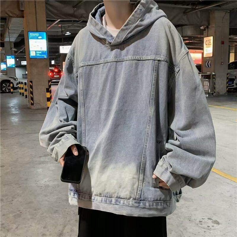 American retro handsome hooded denim jacket men's spring and autumn trendy new casual loose top