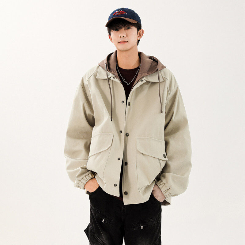 Autumn and winter retro hooded jacket men's trendy brand handsome thickened jacket