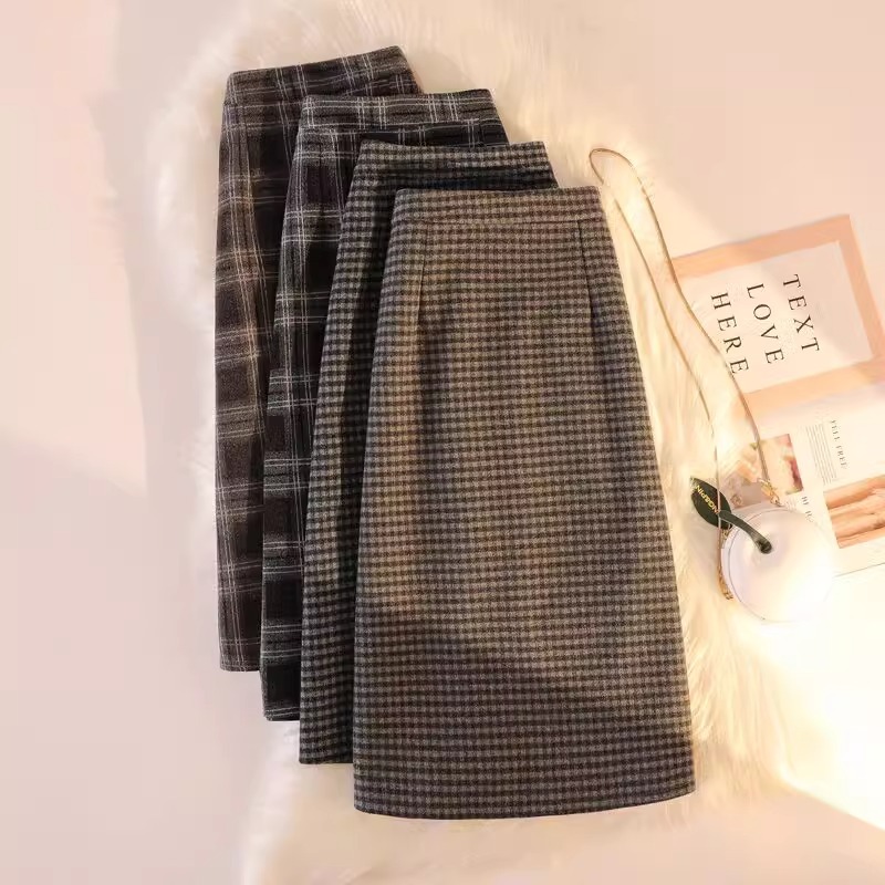 New autumn and winter woolen plaid skirt women's mid-length a-line skirt high waist slimming thickened hip skirt