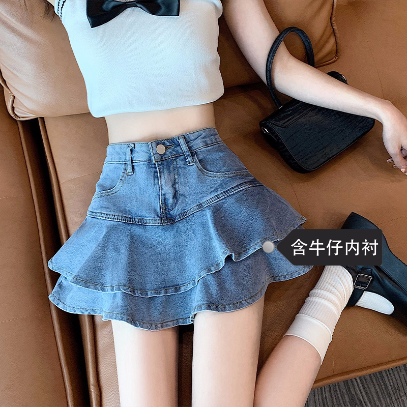 Korean style ruffled cake denim short skirt for women spring and summer new high-waist hottie A-line fluffy half-length denim skirt