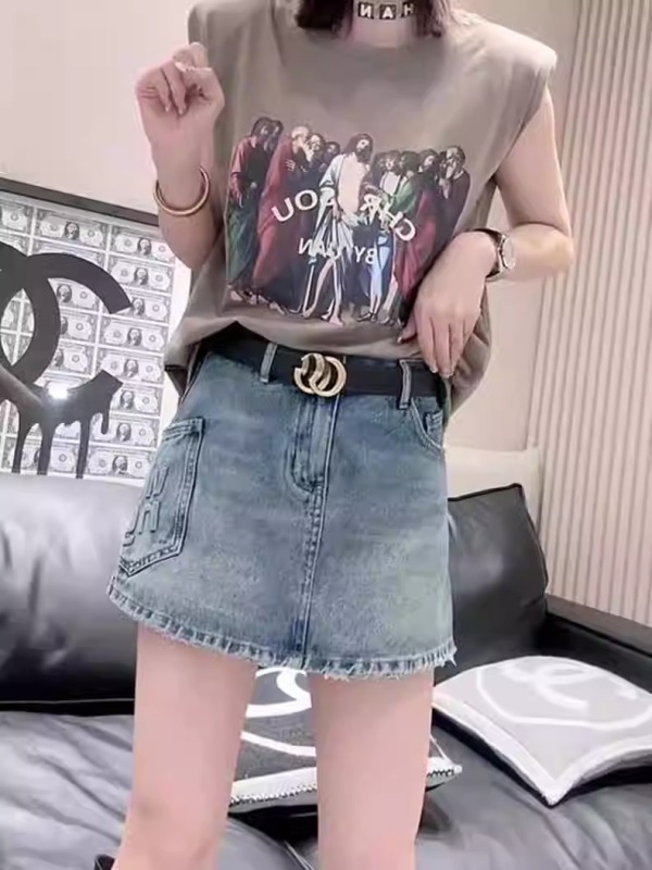 New embossed printed raw edge denim skirt women's A-line anti-exposure skirt high-waisted trouser skirt